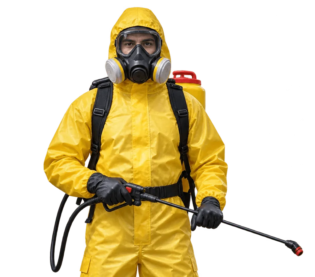 A technician in a yellow protective suit and respirator holding a sprayer