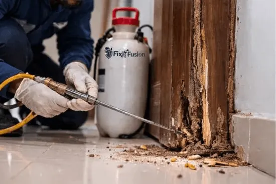 A technician treating a termite-damaged wooden door frame