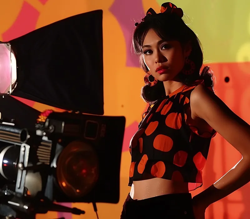 A woman in a polka-dot dress beside film lights on a colourful set