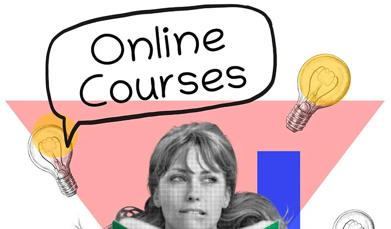 An illustrated course cover with the words Online Courses in a speech bubble