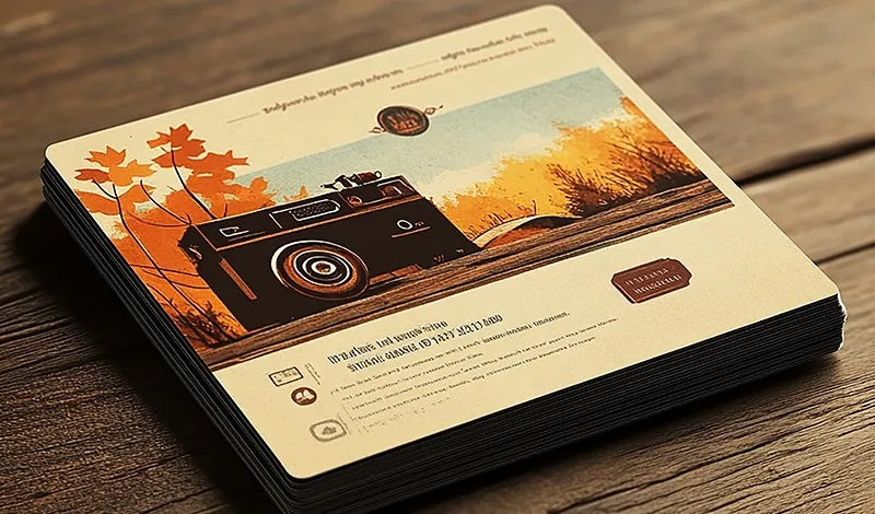 A printed planning kit with an illustrated camera on a wooden table