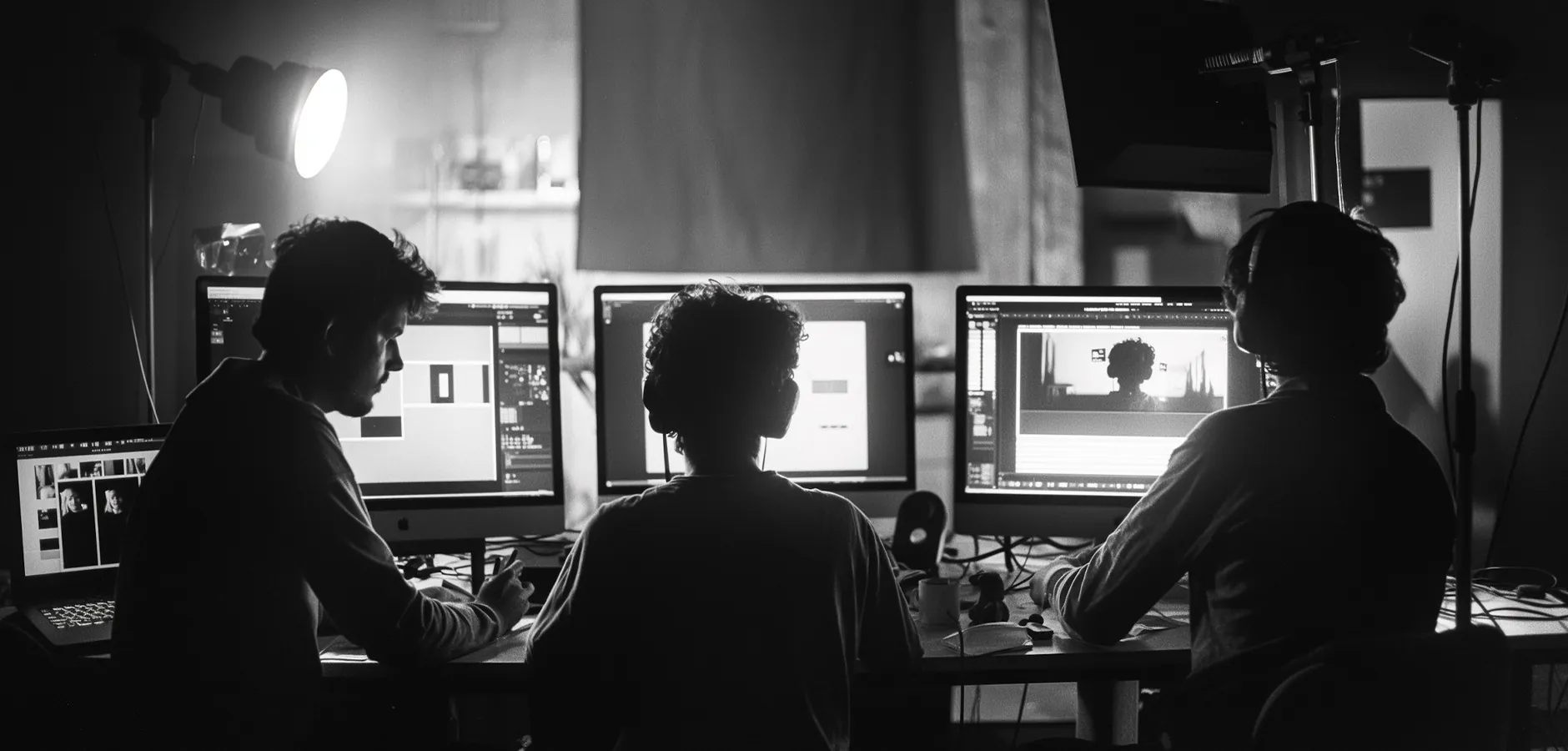 Three editors at their screens in a dark editing room, in black and white