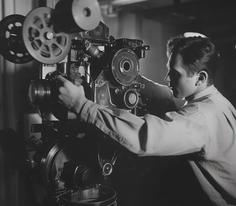 A man adjusting an old film projector, in black and white