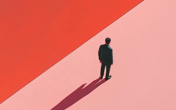A small figure casting a long shadow across a red and pink wall