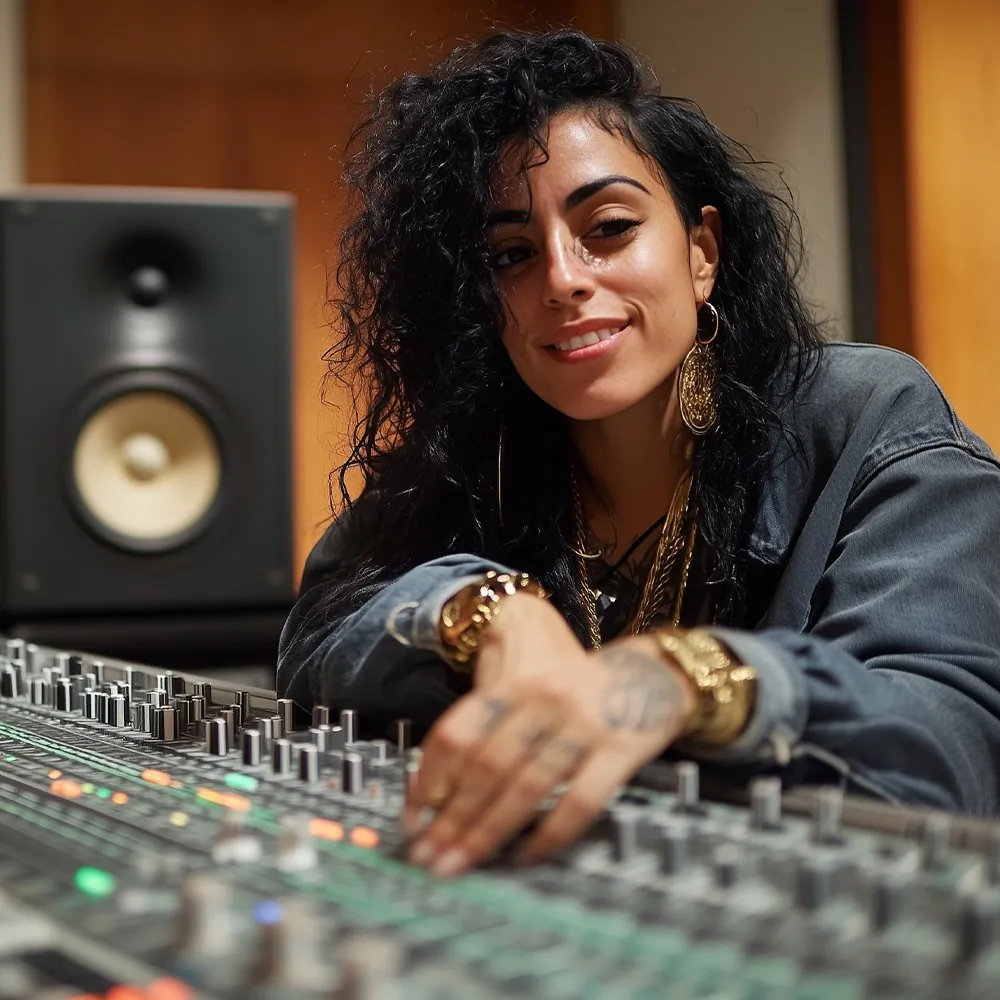 A smiling woman with long curly hair leaning on a mixing desk in a studio