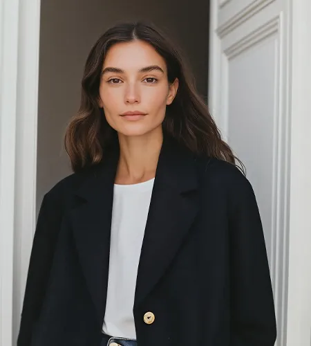 Nova Cross in a black coat
