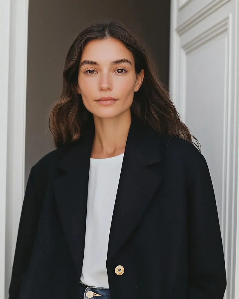 Nova Cross in a dark coat, standing by a white door