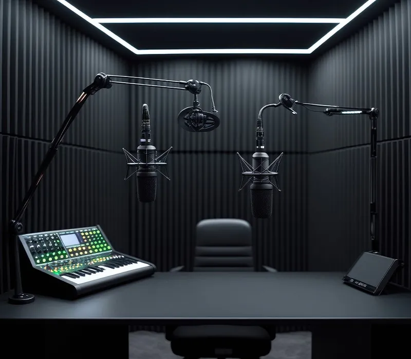A dark podcast studio with two microphones, a synthesizer and an empty chair