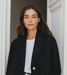 A woman in a dark coat standing by a white door