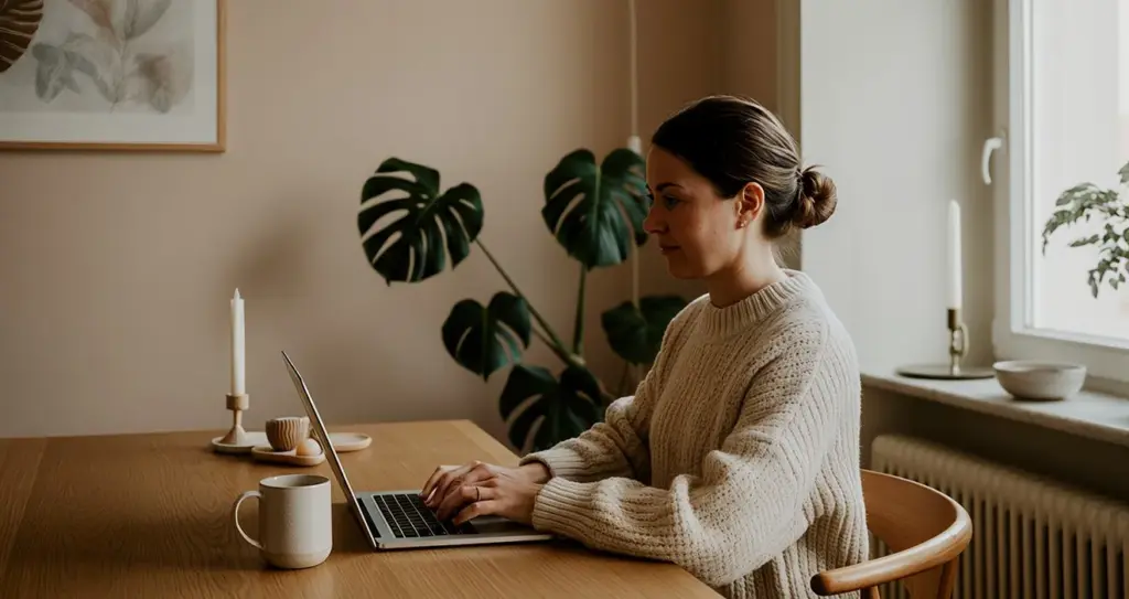 A woman working on a laptop at a wooden table, with a plant beside her