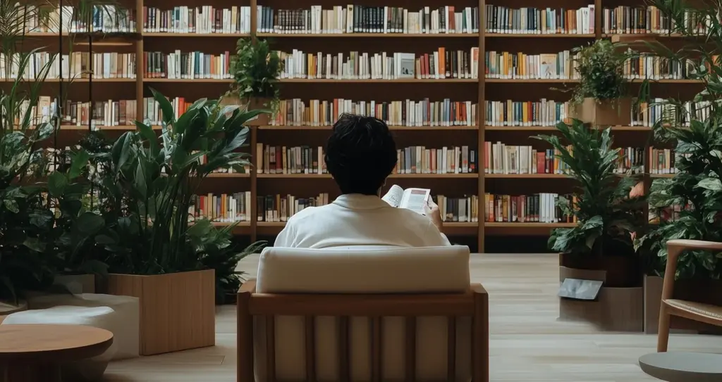 Someone reading in an armchair in front of tall bookshelves