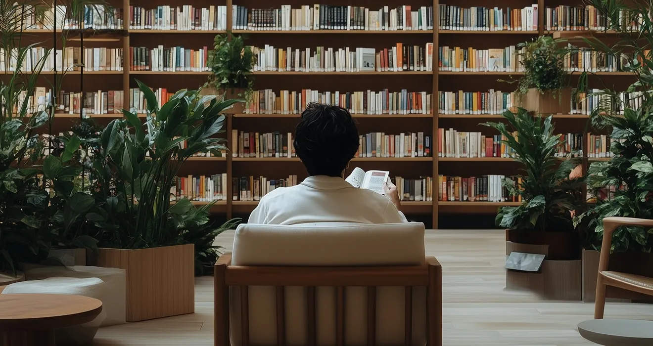 Someone reading in an armchair in front of tall bookshelves