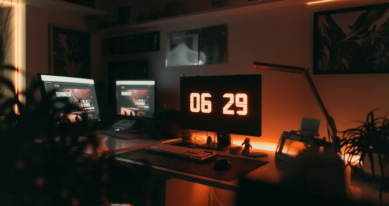 A dark room lit by two monitors and a red clock showing 06:29