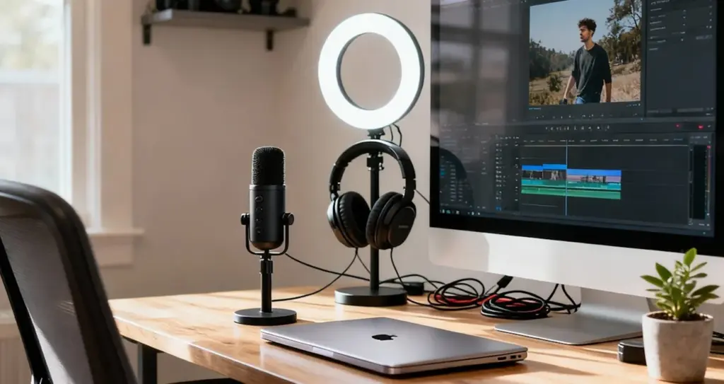 A desk with a microphone, headphones, a ring light and a film being edited on screen