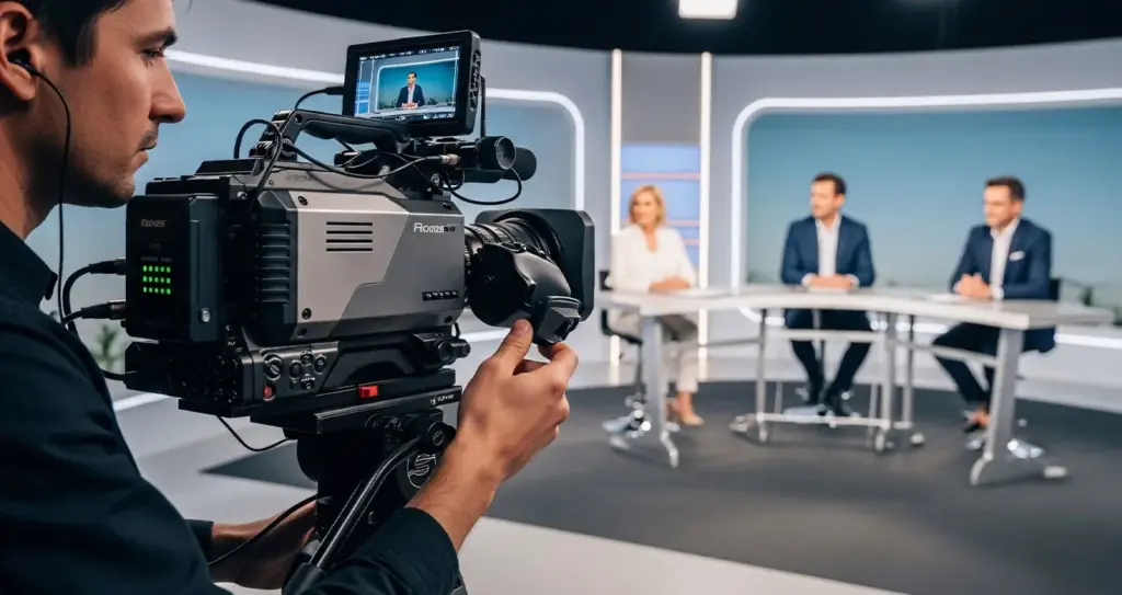 A camera operator filming two presenters in a television studio