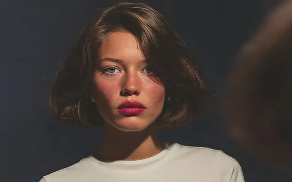 A portrait of a woman with red lipstick in warm light
