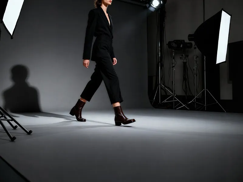Someone in black trousers and boots walking across a photo studio