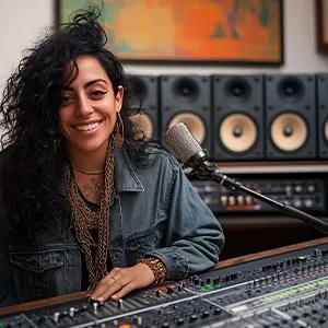 Smiling at a mixing desk
