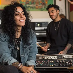 Two people at a mixing desk in a studio