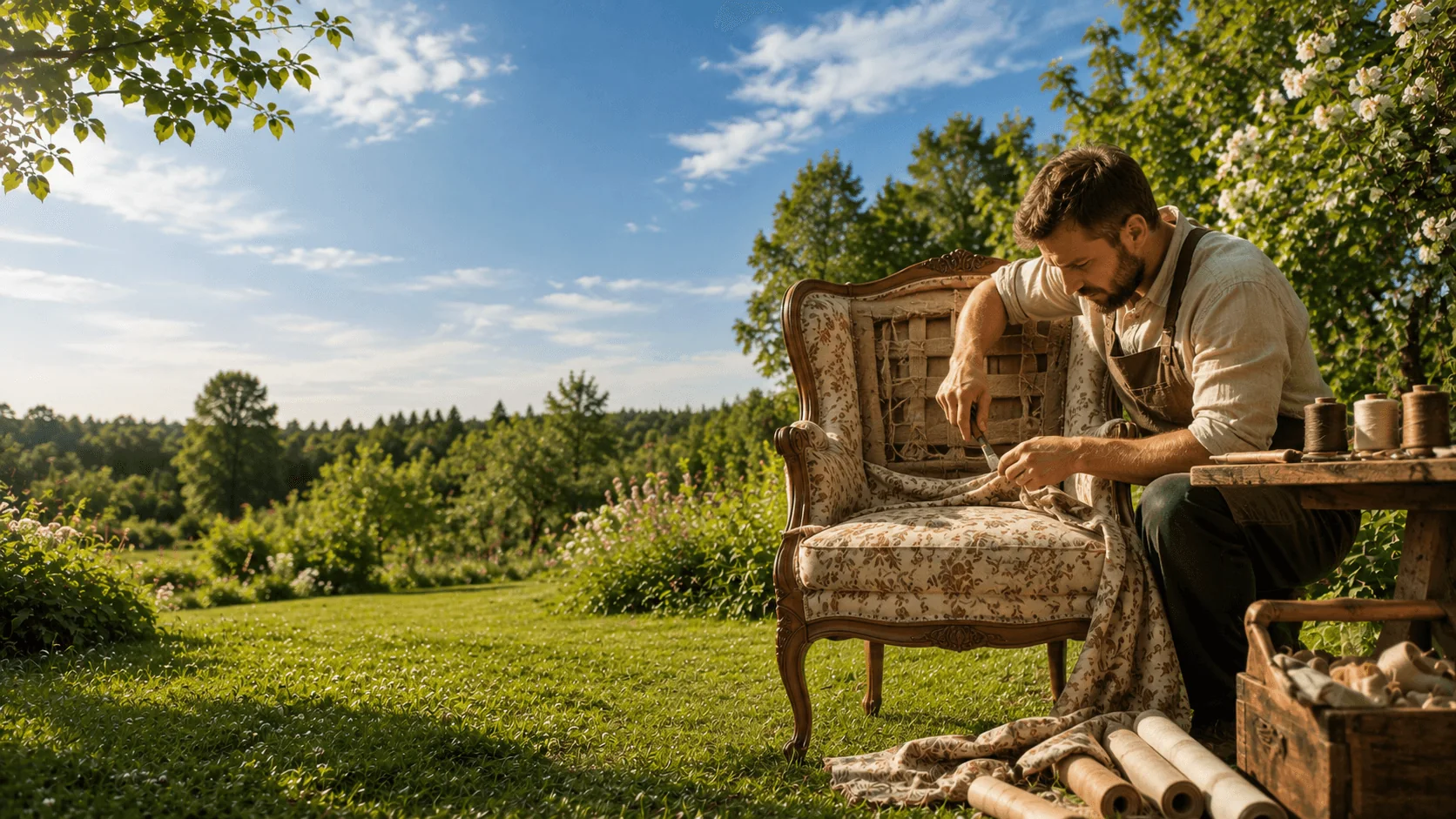A furniture restorer reupholstering a floral antique armchair outdoors in a meadow