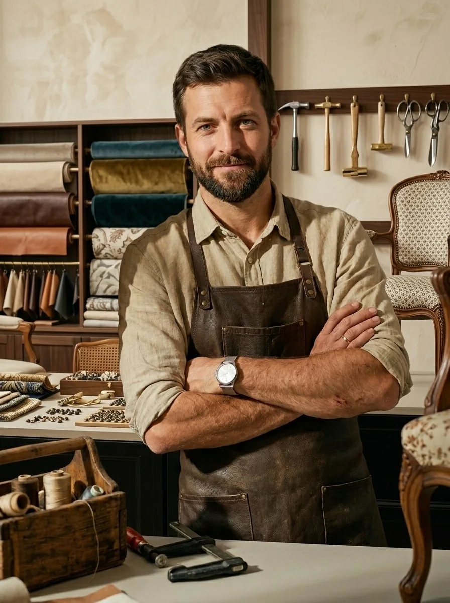 The furniture restorer standing in his workshop with fabric rolls and tools