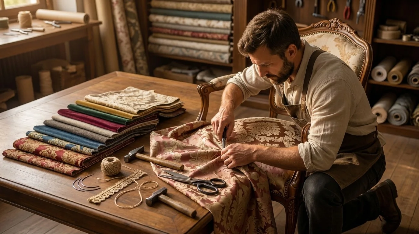 A restorer cutting patterned fabric for a carved antique chair