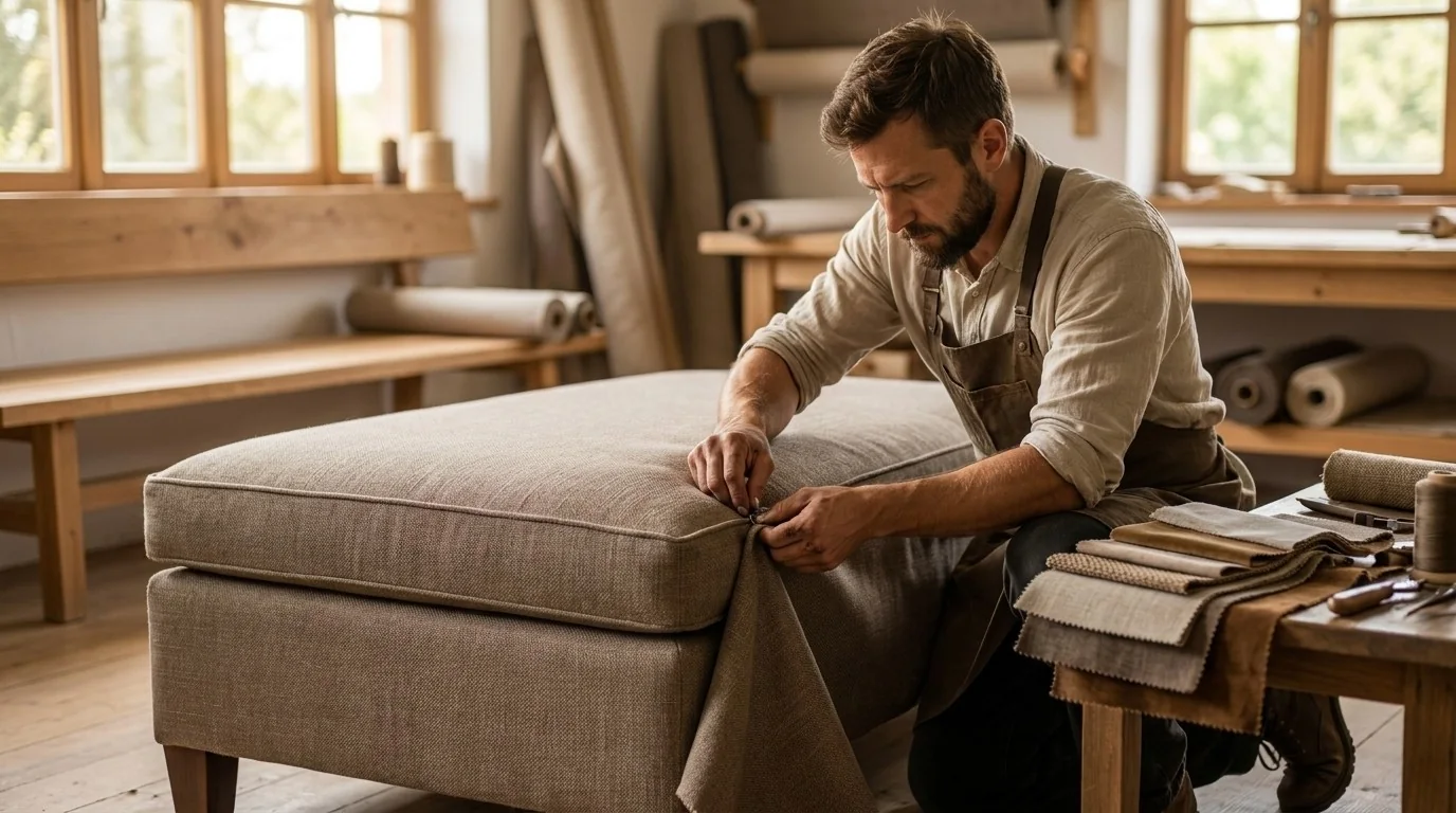 An upholsterer fitting neutral linen to a sofa cushion
