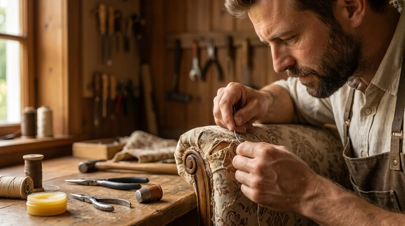 A craftsperson hand-stitching worn floral upholstery on a vintage armchair