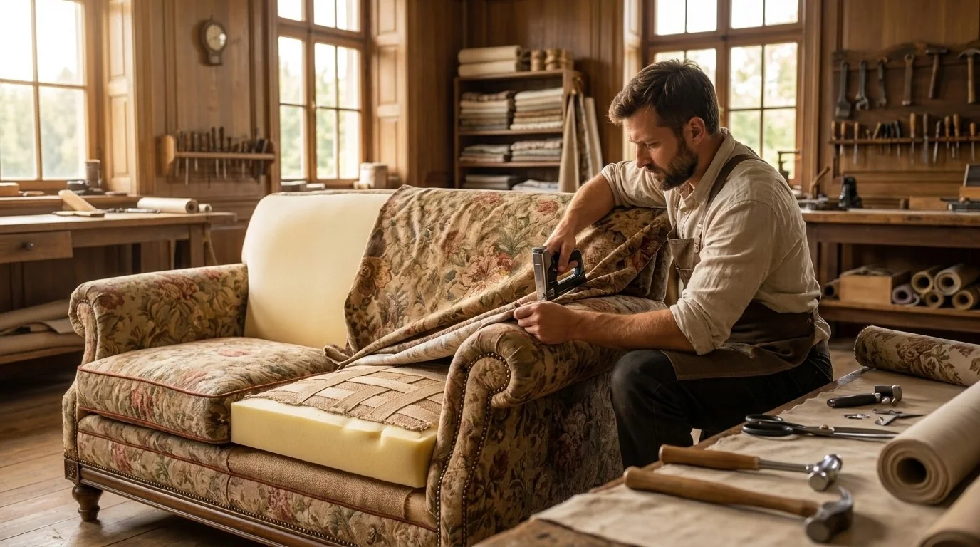 A restorer lifting floral upholstery from an antique sofa in a workshop