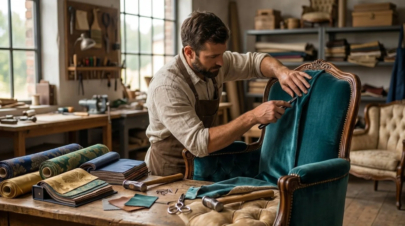 An upholsterer fitting teal velvet to a carved armchair