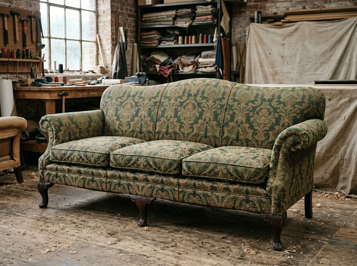 The green damask sofa after restoration, reupholstered and repaired