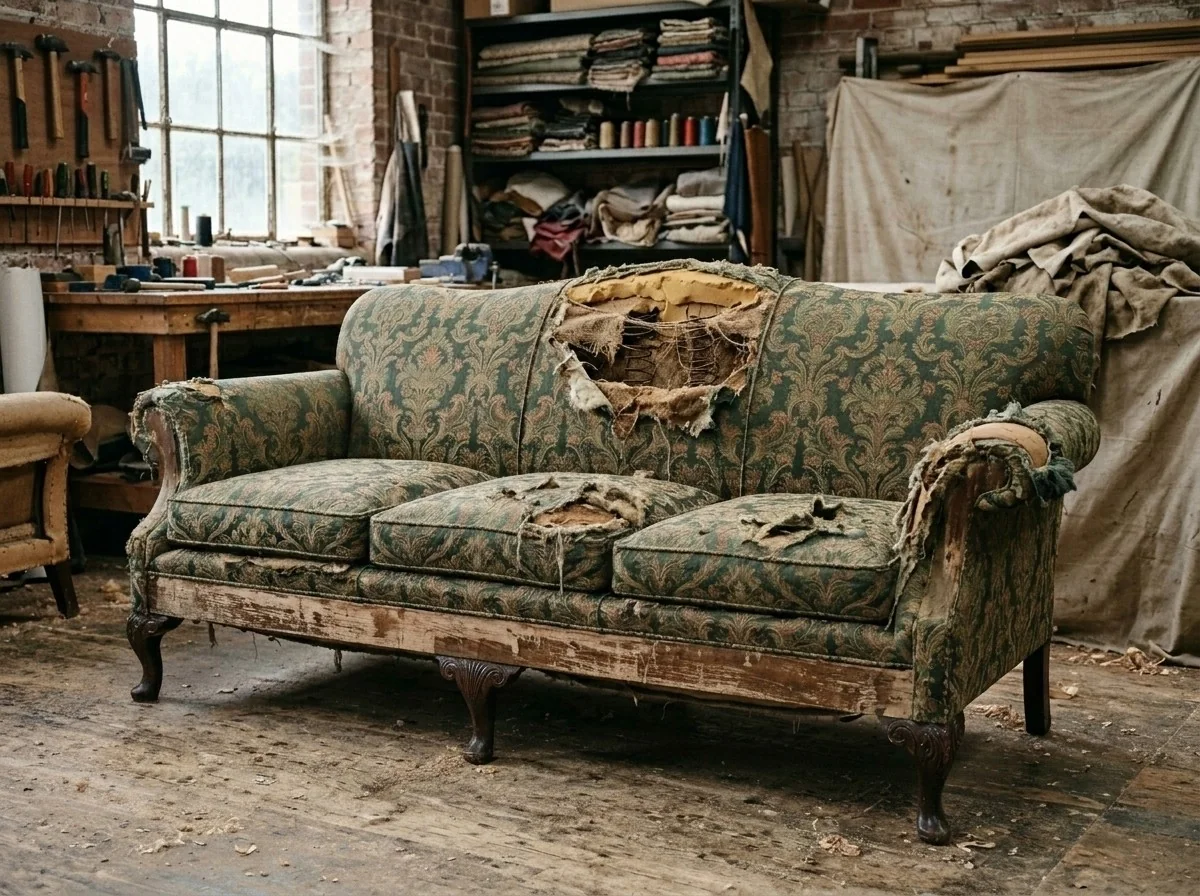 The green damask sofa before restoration, its back and cushions torn