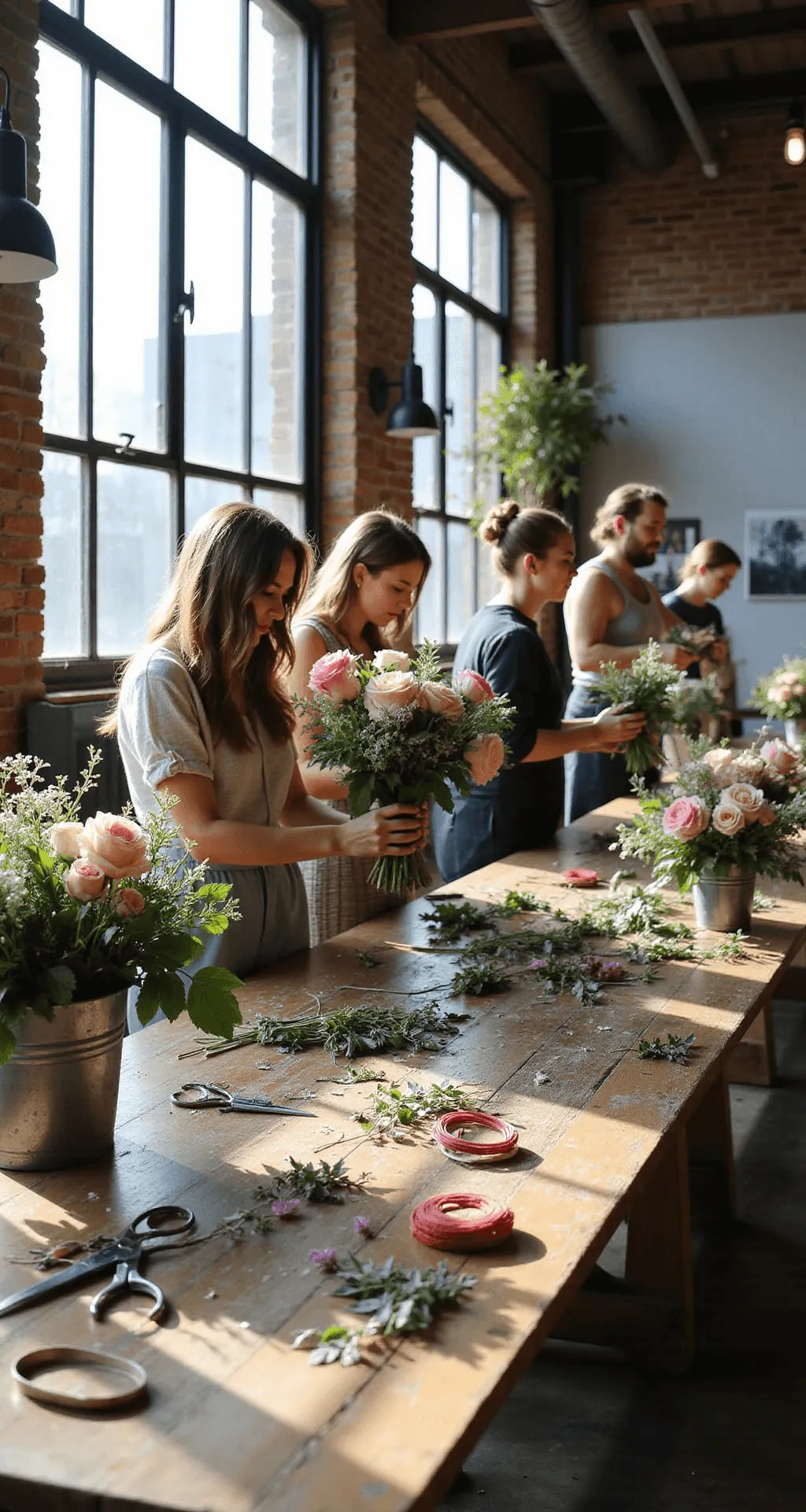 Florists arranging bouquets by tall studio windows