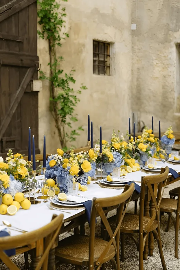 A table with lemons, yellow flowers and blue candles