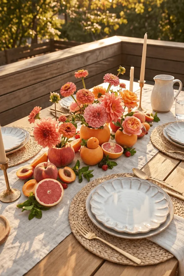 A table of oranges, pomegranates and pink blooms