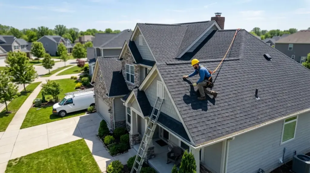 Aerial view of roofers working on a house