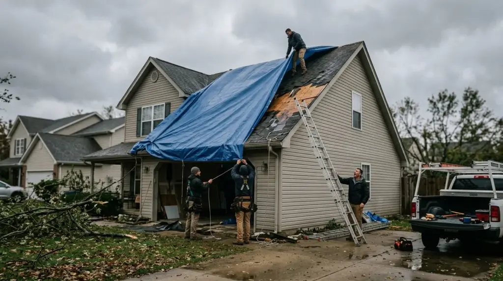 A crew covering a damaged roof with a blue tarp
