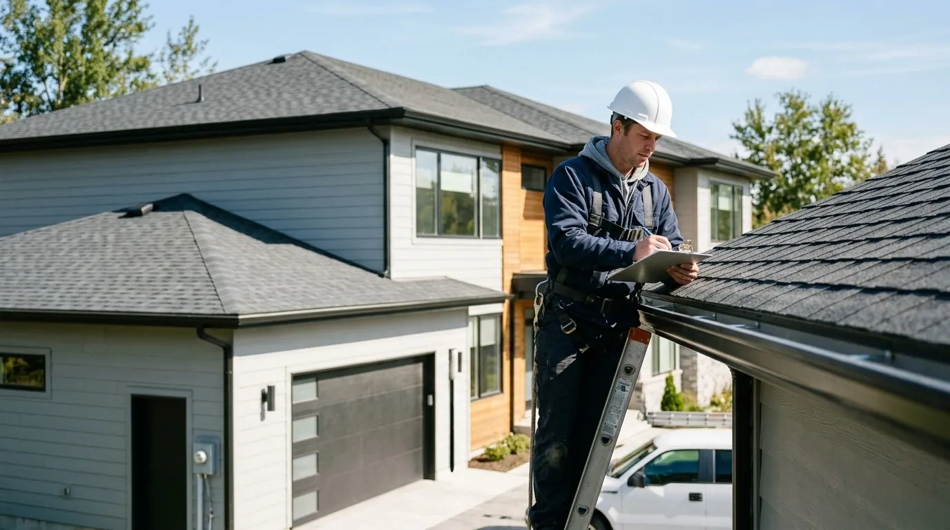 A roofer in a hard hat checking the gutters of a modern house