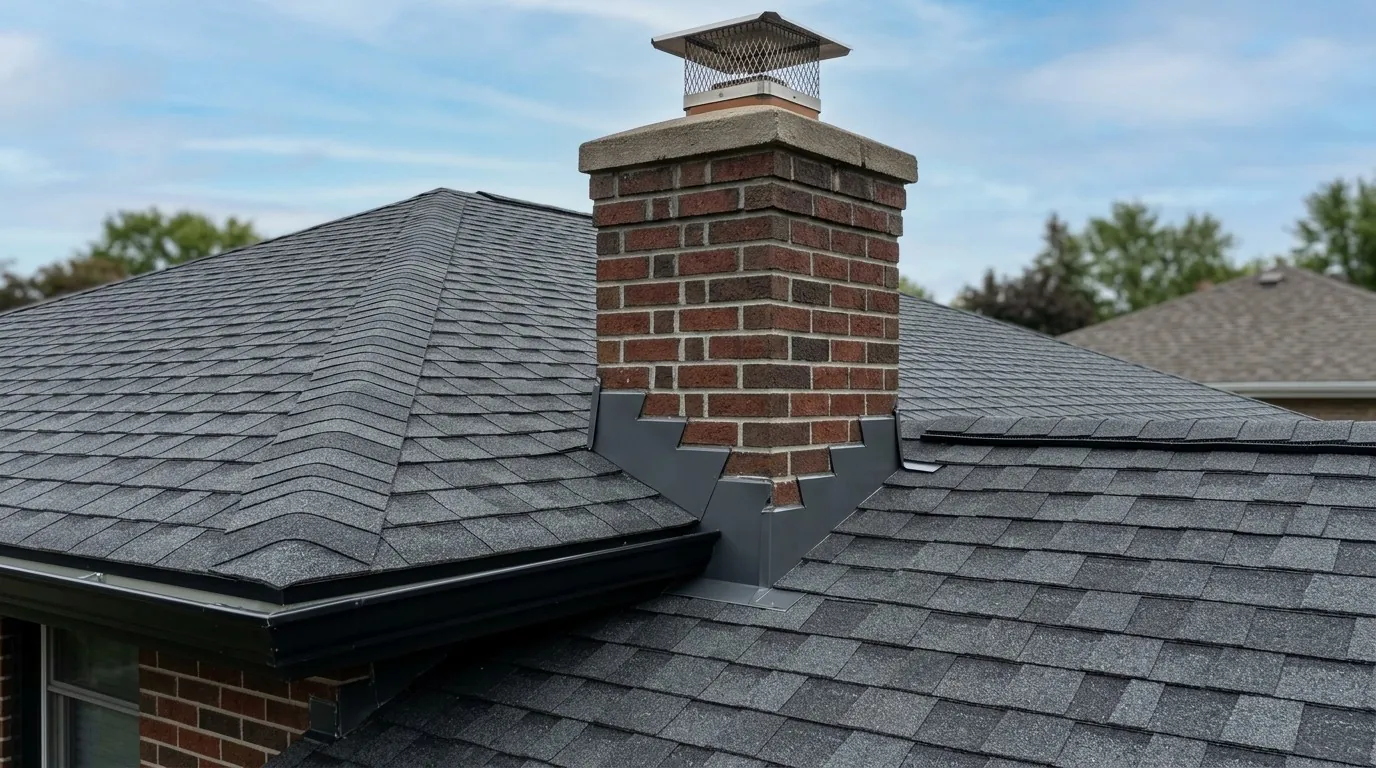 A shingle roof with new flashing around a brick chimney