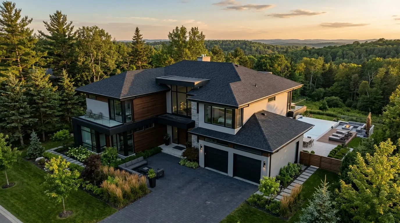 Aerial view of a modern house with a new shingle roof at sunset