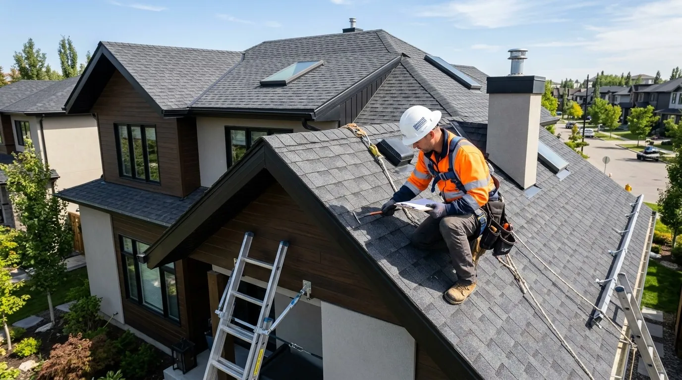 A roofer in an orange vest inspecting a roof beside a chimney