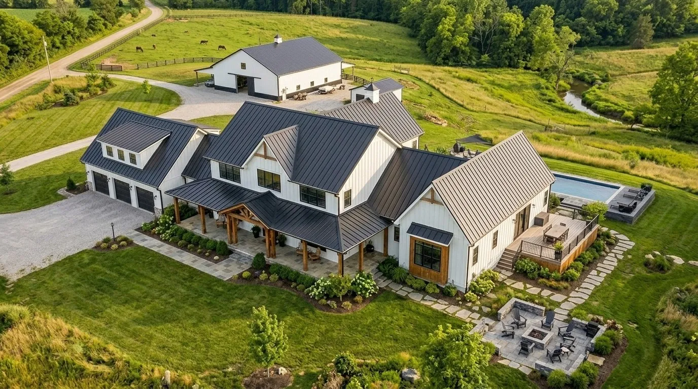 Aerial view of a large property with a dark metal roof among fields