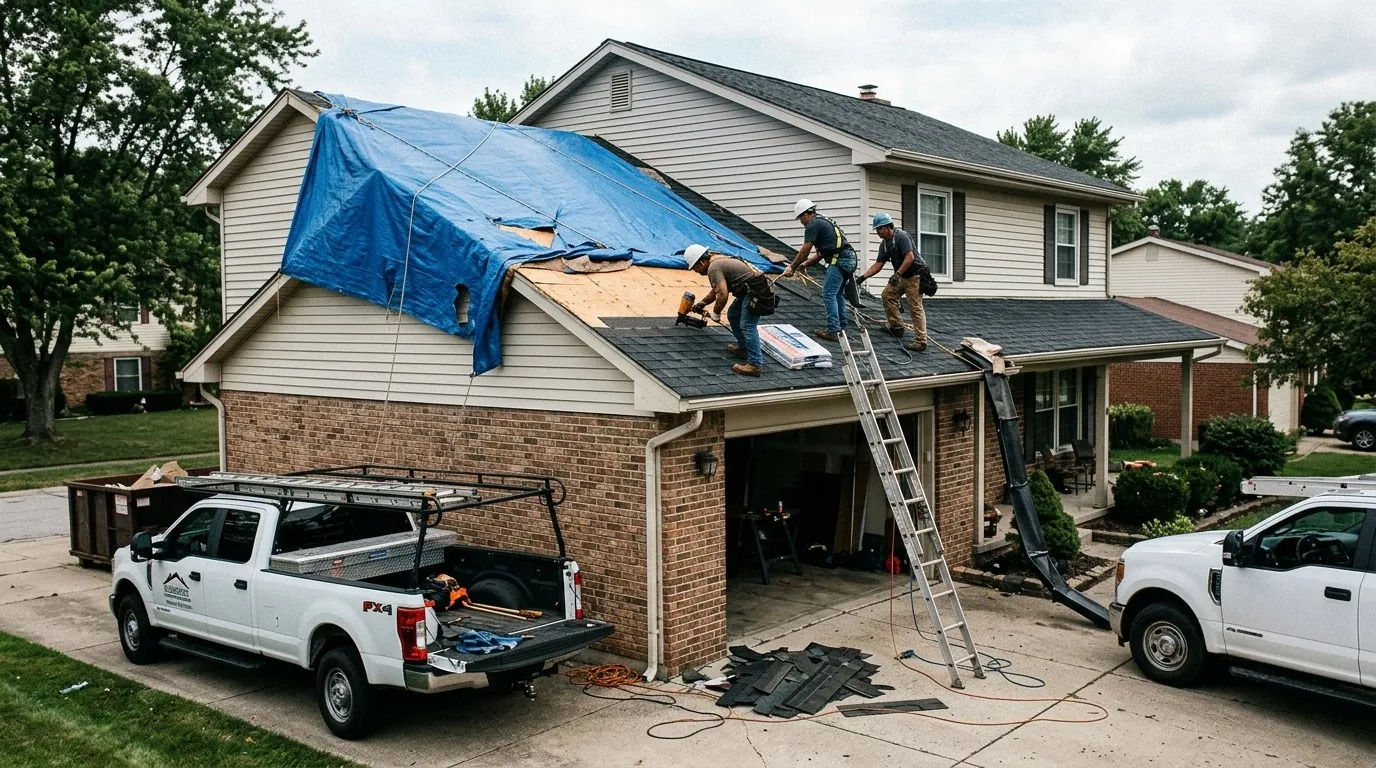 A crew tarping a storm-damaged roof, a pickup truck in the driveway