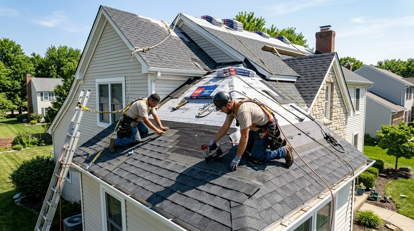 Roofers installing a new roof on a white house
