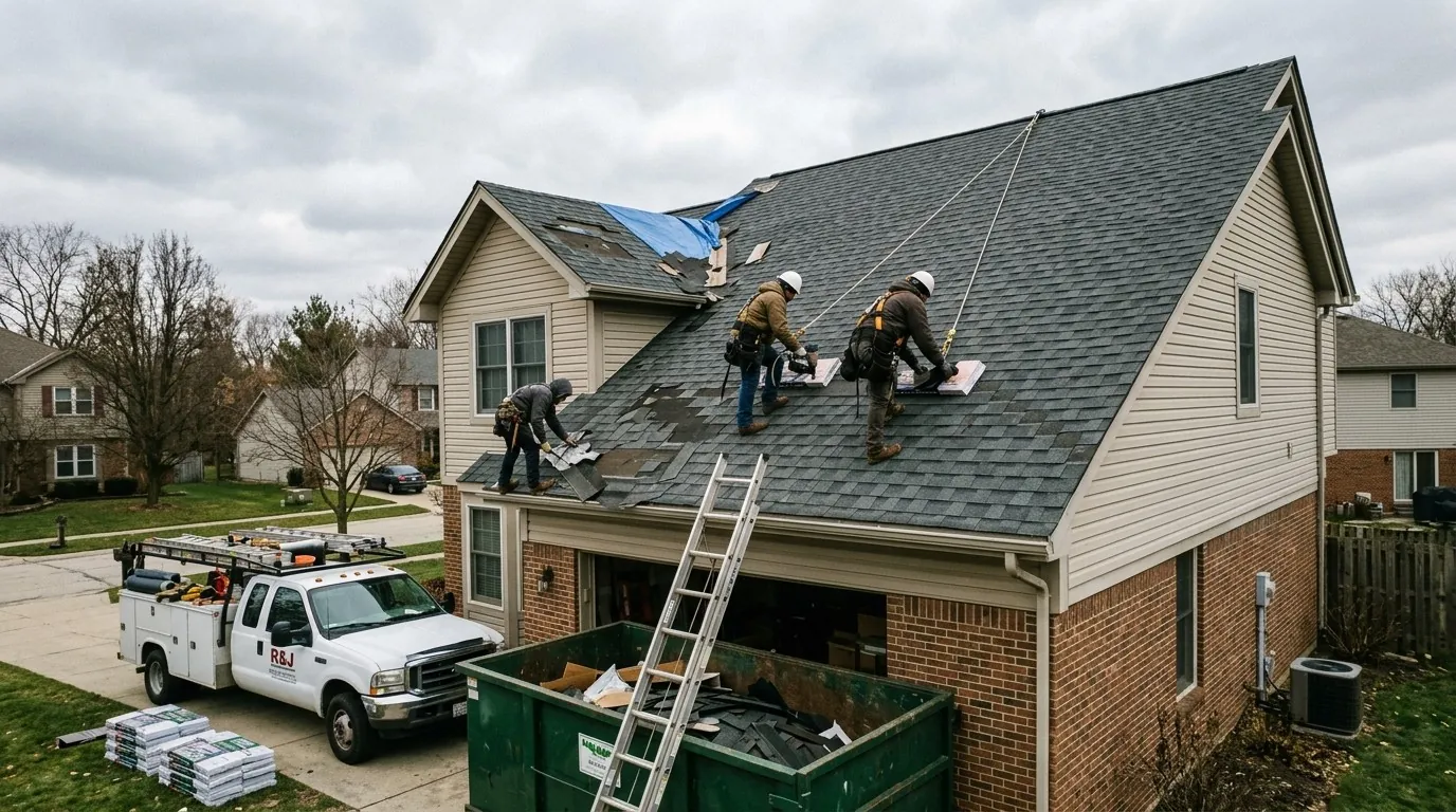 A crew repairing a shingle roof, a ladder and a truck below