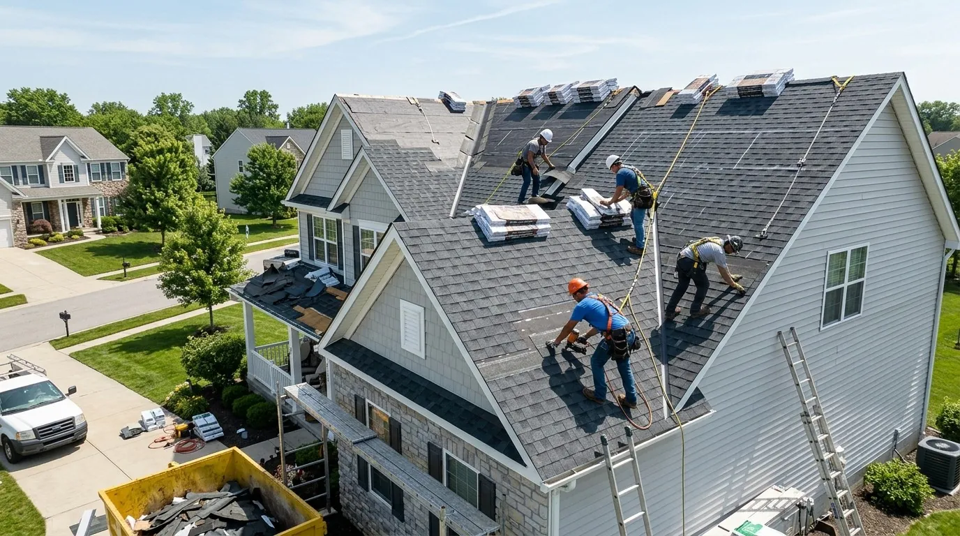 Roofers replacing the shingles of a two-story house