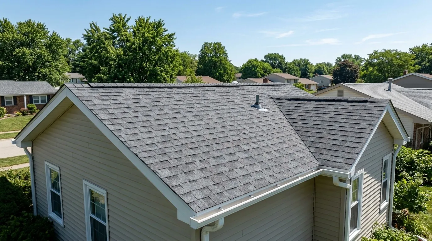 A grey asphalt shingle roof on a family home