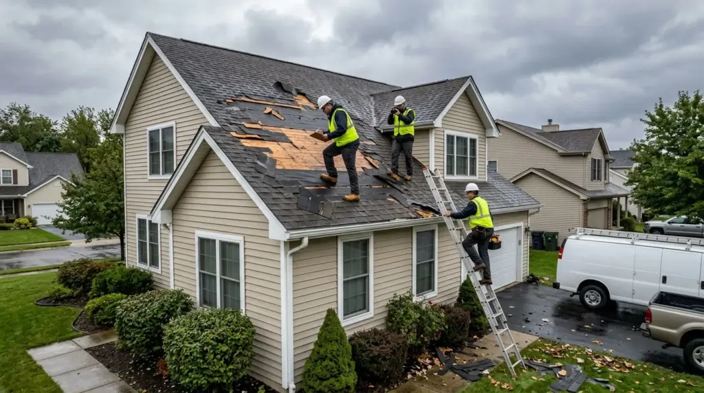 A crew repairing storm damage on a house roof