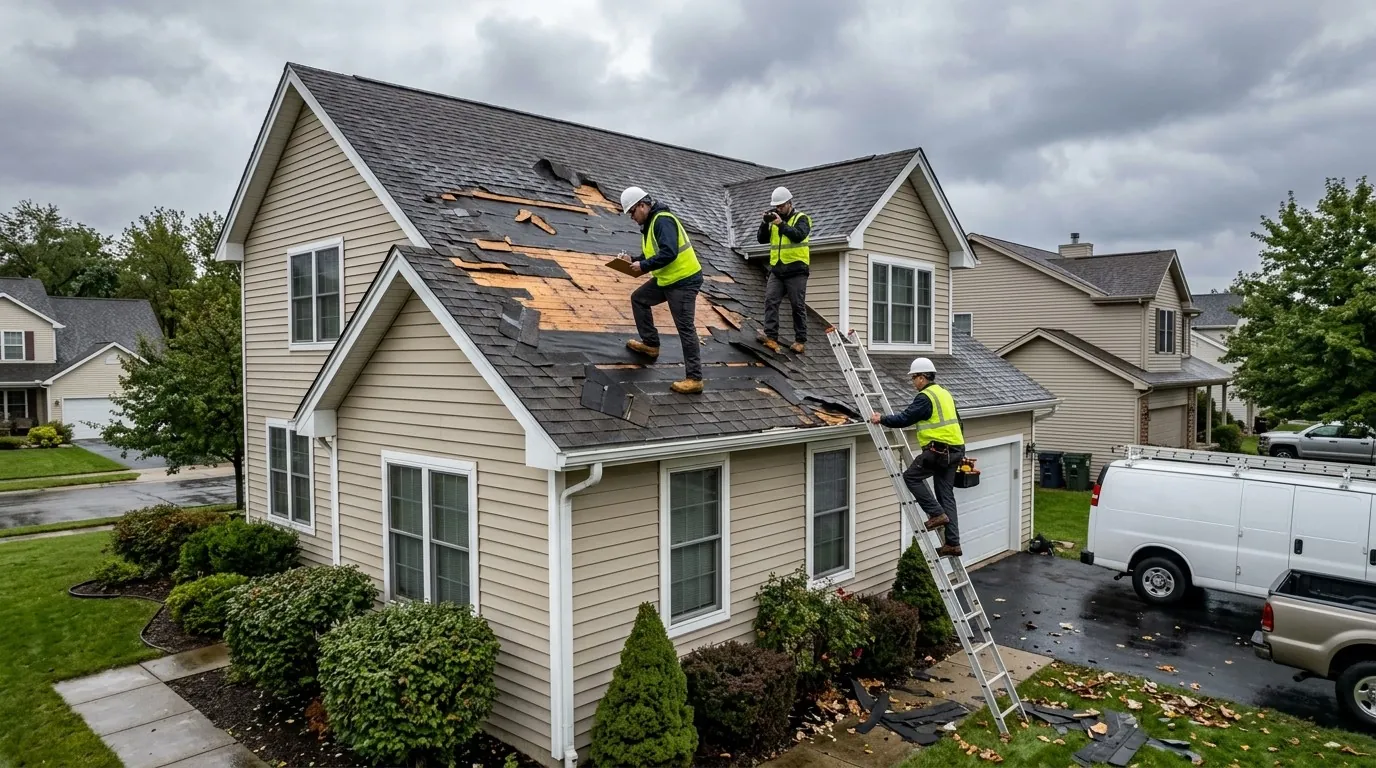 A crew repairing storm damage on a house roof