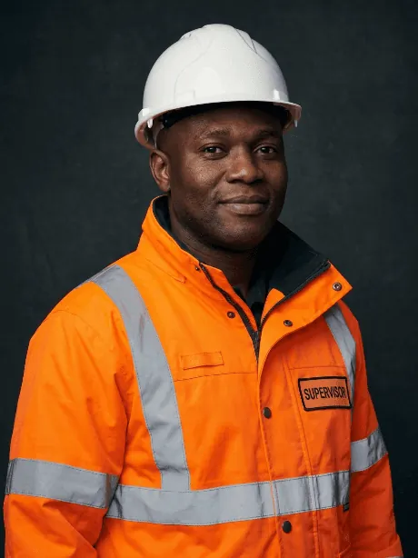 Caleb Turner, roofing project manager, in a hard hat and orange jacket